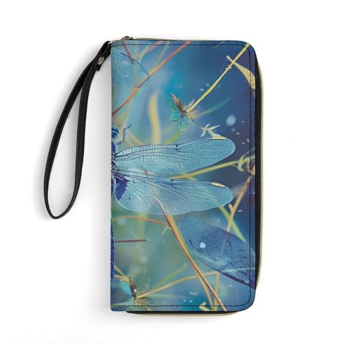 Blue Dragonfly Print PU Leather Wristlet Wallet Slim Card Holder Organizer with Zipper Coin Pocket & Cash Slots for Women Men - Main Image