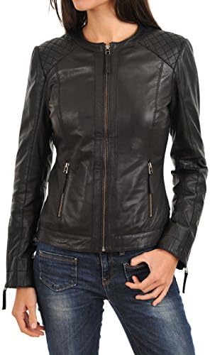Azrah 100% Leather Jacket for Women - Collarless Deep Neck & Slim Fit - Moto, Bomber, Biker Winter Casual Wear - Black 7a - X-Large
