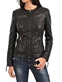 Azrah 100% Leather Jacket for Women - Collarless Deep Neck & Slim Fit - Moto, Bomber, Biker Winter C