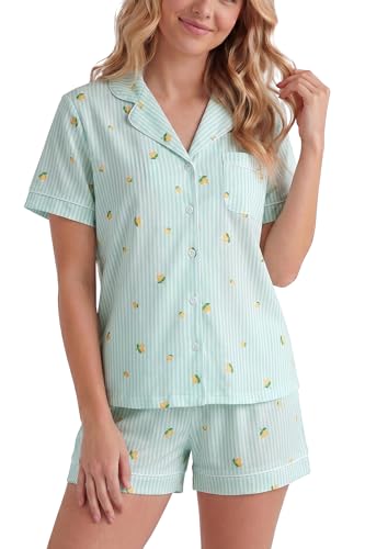 Image of LUBOT 100% Cotton Pajamas for Women 2 Piece PJ Set Button-Down Soft Knit Short Sleeve Summer Sleepwear Loungewear XS-XXL