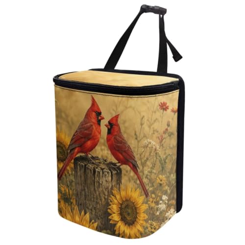 Image of Talayituse Forest Cardinal Sunflower Pattern Car Trash Can with Lid, Leak Proof Auto Trash Bag Hanging Vehicle Garbage Can Multipurpose Storage Container for Back Seat Road Trip