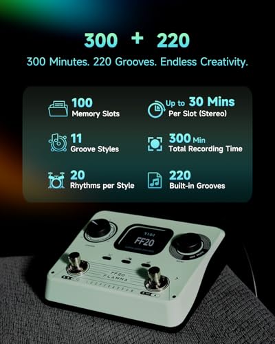 Image of FLAMMA FF20 Looper Pedal Drum Machine, Drum Looper Guitar Pedal with Screen, 300 Min Recording, 220 Drum Grooves, 100 Loop Slots, Time Stretch, Auto Record, USB & Headphone Out, for Guitar and Bass