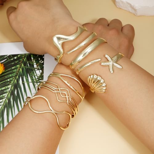 COLOYAN 6PCS Gold Cuff Bracelets Cuff Bangles for Women 14K Gold Plated Twisted Cross Cuff Wire Simple Multilayer Open Thin Bangle Beach Vacation Cuff Bracelets Set3