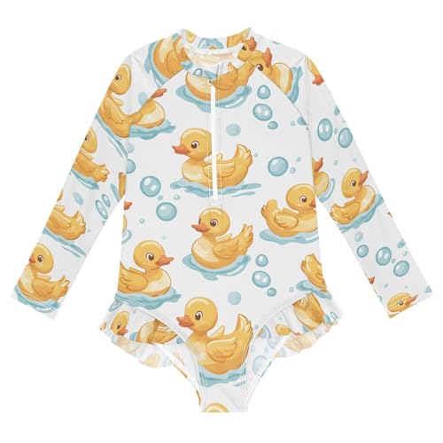 ALAZA Duck Bubble Water Girls One Piece Swimsuit Long Sleeve Rash Guard Swimsuits UV 50+ Swimwear Zipper