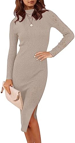 ANRABESS Womens Long Sleeve Mock Neck Slim Fit Ribbed Bodycon Kni...