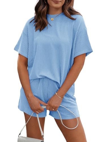 RUBZOOF Womens 2 Piece Outfits Summer Tracksuit Ribbed Textured Knit Loose Lounge Shorts Set Short Sleeve Matching Sets Blue M