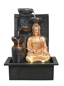 CHRONIKLE Polyresin Golden Brown Meditating Buddha Tabletop Indoor 4 Diya Steps Water Fountain for Home Decor with LED Light & Speed Controller Pump (Size: 40 x 29.5 x 22CM | Weight: 2685grm)