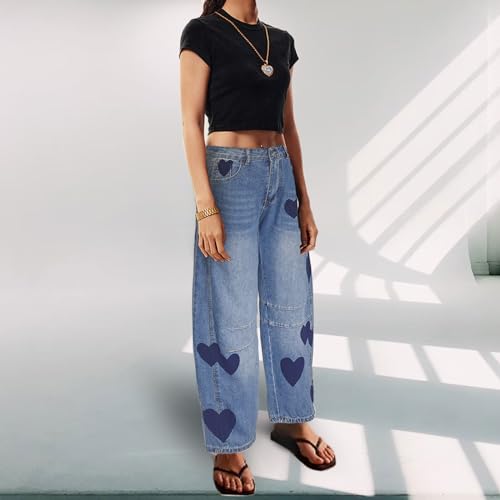 Barrel Jeans for Women Mid Rise Heart Printed Denim Ankle Pants Vintage Baggy Boyfriend Jeans3