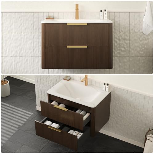 Image of 30 inch Wall-Mounted Bathroom Vanity Cabinet with Sink, Walnut