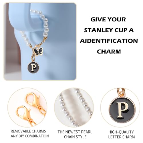 Image of Letter Charm for Stanley Cup,Pearl Chain Accessories Stanley Cup Initial Charms for Handle Stuff Decor Water Bottle Jewelry Tumbler Cute Personalized Name ID Decorations Black Tag (P)