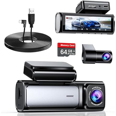 Bundle: A4 Dual Dash and Type C Power Cable, Free 64GB Card, Type C Charging Cable for A4 Dash Cam, USB 2.0 A-Male to Type C Car Vehicle Power Charger Adapter Cord for Dash Cam Rearview Mirror C Cover