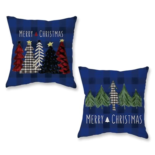 ONWAY Christmas Pillow Covers 16x16 Inch Set of 2 Trees Red Black Green Dark Blue Buffalo Plaid Decorative Pillowcases Winter Holiday Cushion Cases for Christmas Decorations