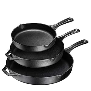 Bruntmor 8, 10 and 12 Inch Pre-Seasoned Frying Pan Set of 3, Oven Safe Skillet, Grill Pan Set, Nonstick Cookware with Side Drip Lips, Black