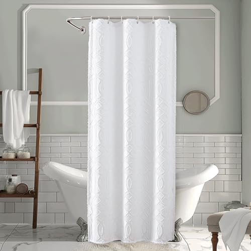 OWENIE White Stall Shower Curtain for Bathroom, Soft Fabric Small Boho Shower Curtains, Geometric Jacquard Grommets Shower Curtain Set with 12 Hooks, Elegant Bathroom Decorations, 36x72 inch, White