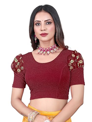 Image of Shreeji Designer Round Neck Cotton Lycra and Net Fabric Fully Stretchable Baloon Sleeve Designer Readymade Blouse for Women