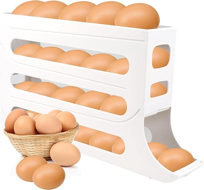 Image of 30 -Egg Holder Organiser With Automatic Rolling Dispenser For Refrigerator| Kitchen| Hotel, With Multi-layer Storage Rack. (White)