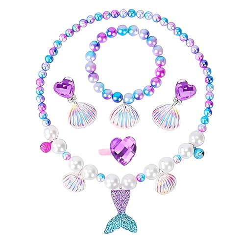5 PCS Juego de Joyas de Perlas para Niños, Juego de Joyas de Perlas de Concha Marina para Niñas, Juego de Joyas de Sirena, Collar, Pulsera, Anillo, Pendientes, Regalos de Cumpleaños para Niñas
