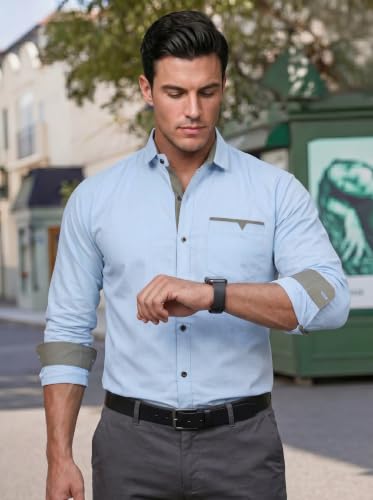 Image of Men's Cotton Blend Shirt with Solid Long Sleeves Spread Coller Neck Regular Fit Single Chest Pocket and Standard Length | Cotton Casual Shirt for Man