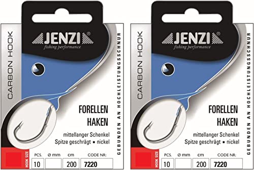 Set: 2 packs of Jenzi tied trout hooks (20 pieces) mono,extra long Sbirolino 200 cm Spirolino hook size, 4, 6, 8, 10