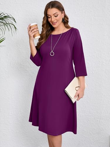 Image of AusLook Women's Plus Midi Dresses Crew Neck A Line 3 /4 Sleeves Casual Elegant Loose Wedding Vacation Dress with Pockets