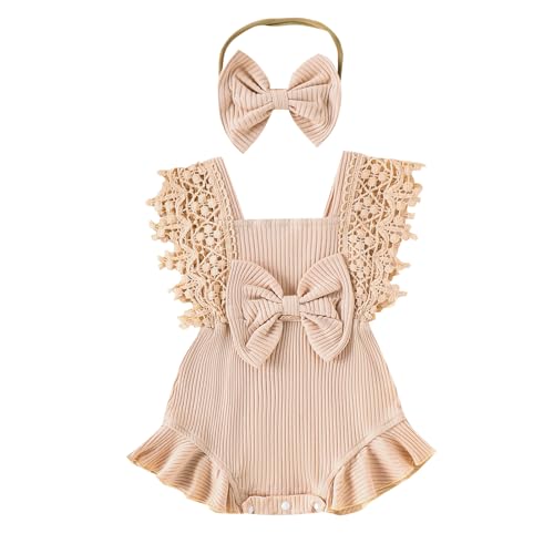 Image of Yoawdats Baby Girl Lace Romper Sleeveless Ruffle Bow Decorated Romper Jumpsuit Bodysuit with Headband Newborn Baby Clothes