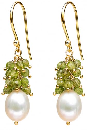 Image of Gempires Fresh Pearl Drop Earrings for Women | 14K Gold Plated Pearl & Gemstone Bead Dangle Earrings | Hypoallergenic French Hook Earrings | Available in Many More options (Peridot)