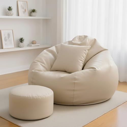 Image of Biggie Bean Bag 7XL Bean Bag Chair with Beans Filled - The Classics Bean Bag Sofa - Combo Set-Styled for Elegance with Free Cushion & Footrest (Matching Color : Yxuri Cream)