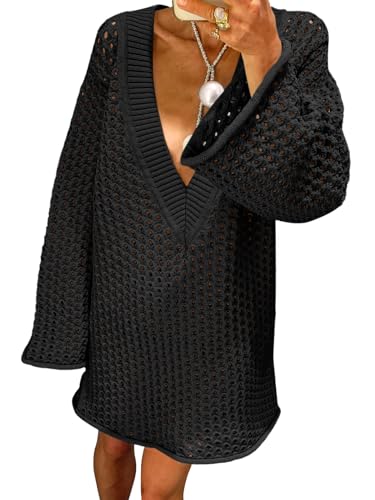 Saodimallsu Women Crochet Cover Up Long Sleeve Deep V Neck Hollow Out Sweater Oversized Beach Mini Dress Bathing Suit Coverup