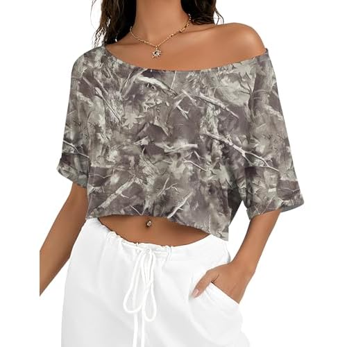 Kistore Off The Shoulder Tops for Women Going Out Short Sleeve Crop Top Boat Neck Loose T Shirt Small C Maple Leaf Brown