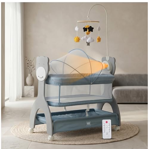 Image of Mee Mee Sweet Love Automatic Electric Cradle with Cot Mobile | Built-in Soft Night Lamp | Remote 3-Speed Swing | Soothing Music & Bluetooth | Smart Timer | Lockable Wheels | Baby Bassinet 0-12 Months