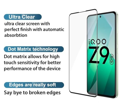 Image of Tempered Glass Screen Protector Compatible for iQOO Z9 5G with Edge to Edge Coverage and Easy Installation Kit, Pack of 1, Black