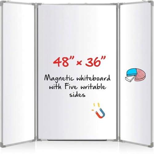 Image of AmazingSpark 48 inch x 36 inch Foldable Whiteboard Dry Erase Board Large Tri Folding Whiteboard Magnetic Dry Erase Board, Wall Aluminium Frame and Pen Tray for Office, Home