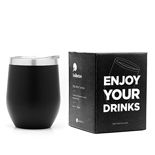 balibetov Vaso Termo para Vino con Tapa (355ml) - Vaso Termo de Vino para Llevar - Taza Termica para Llevar Café, Té, Vino, Cerveza y mas - para Frio y Calor (Negro)