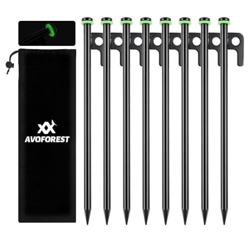AVOFOREST 12Inch Heavy Duty Tent Stakes,8 PCS Tent Pegs Metal+Fluorescent Silicone Rings+ Storage Bag for Camping