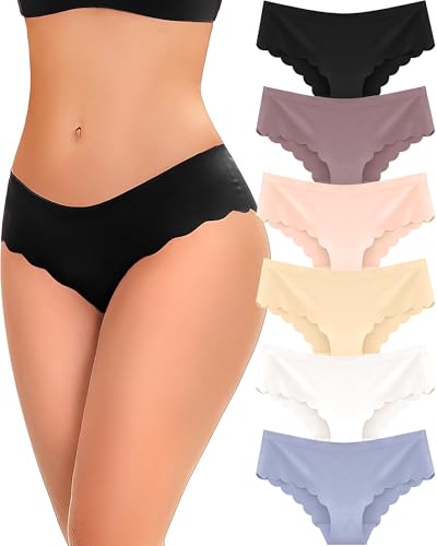 Image of FINETOO 6 pack Seamless Underwear for Women Sexy Low Rise Hipster Wave Edge No Show Bikini Panties Womens Cheeky S-XL