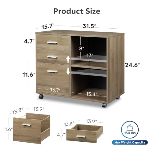 Image of DEVAISE 3 Drawer Mobile File Cabinet, Wood Lateral Filing Cabinet, Printer Stand with Open Shelves for Home Office, Gray Oak