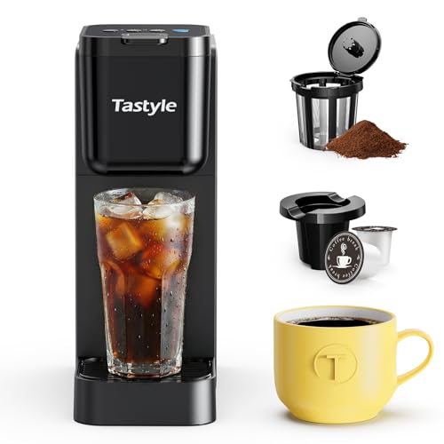 Tastyle Single Serve Coffee Maker for K Cup and Ground Coffee | Brew up to 16 Oz, Fits 7.3'' Travel Mug | Hot, Bold & Over Ice | Compact for Office, RV& Hotel, Classic Black (3.0 Version)