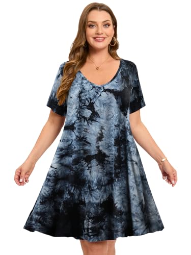 Image of ZENNILO Women's Plus Size Swing Dress with Pockets Casual Summer Dresses V Neck Short Sleeve T Shirt Dress for Women