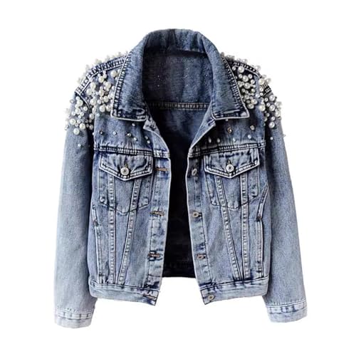 Womens Rhinestone Denim Jacket Trendy Casual Coats Oversized Pearl Jean Jacket Long Sleeve Button Up Coat