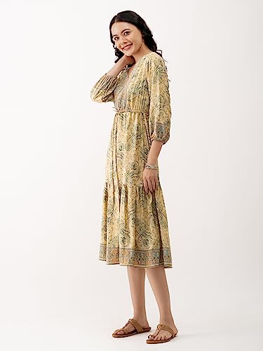 Image of AASK Abstract Printed Puff Sleeve Gathered Detailed Fit Flare Dress