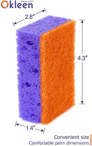 Image of Purple and Orange Multi Use Scrub Sponges. Made in Europe. 18 Pack, 4.3x2.8x1.4 inches. Heavy Duty & Non Scratch Fiber. Odorless, Durable, Delicate, Rinse Clean Violet Scrubber