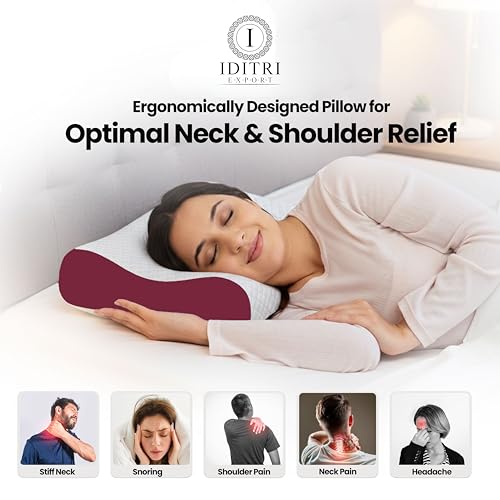 Image of Cervical Contour Pillow Set of 2, Memory Foam Neck Support for Sleeping, Orthopedic Bed Cushion for Side Back Sleepers, Shoulder Relief, Maroon, 48 x 30 cm Size, Daily Sleep Support