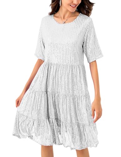Image of Sequin Babydoll Summer Dress,Sparkly Glitter Dress Short Flowy Tiered Tunic Dress for Women Party Club Night