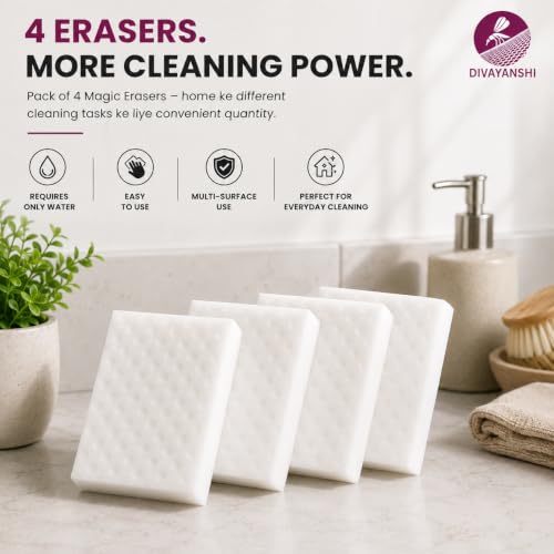 Image of Divayanshi Magic Eraser Sponge Pack of 4 | Powerful Stain Remover with Just Water | No Scratch Multi-Surface Cleaning Sponge for Kitchen, Bathroom, Walls, Shoes & Switchboards