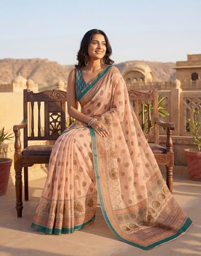 Image of SIRIL Women's Printed Cotton Linen One Minute Ready to Wear Saree With Unstitched Blouse Piece
