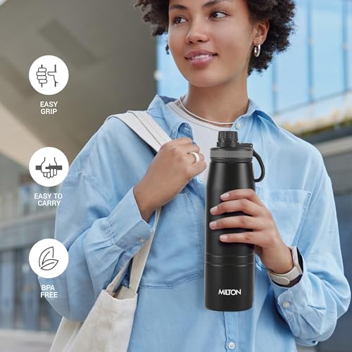 Image of Milton Sparkle 600 Thermosteel Water Bottle with Easy Sip Cap and Handle, 620 ml, Vacuum Insulated Stainless Steel, Hot and Cold, On The Go Bottle for Office College, Black