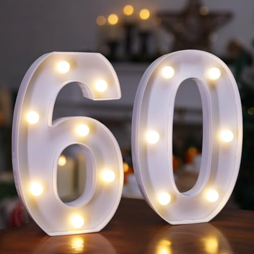 Image of LED Light Up Numbers, Marquee Number Sign for 60th Birthday Decor(60) | Battery Powered LED Lighted Numbers, Marquee Light Up Sign for Birthday Party Centerpieces Home Wall Decor Night Light