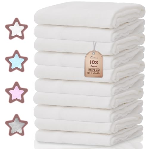NatureMark Pack de 10 Paños de Muselina para Bebé – 100% Algodón – Suaves y Absorbentes para Lactancia & Cuidado del Bebé, Pañales, Arrullos & Paños de Lavado, 70x70 cm, Blanco