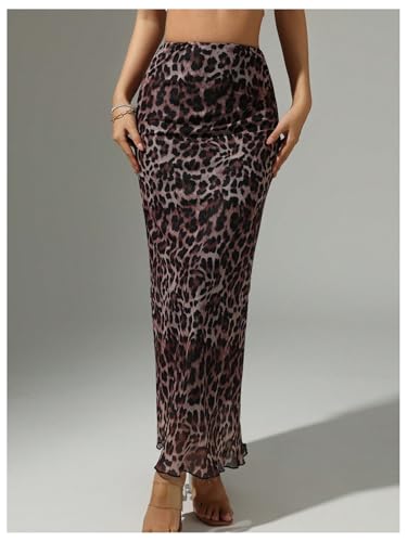 Verdusa Women's Leopard Print Mesh Maxi Skirts High Rise Bodycon Fishtail Skirt3
