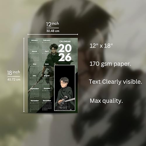 Image of 2026 Anime Calendar - Levi Ackerman from Attack on Titan | 12 inch x 18 inch size | Wall Decoration Aesthetic Calendars